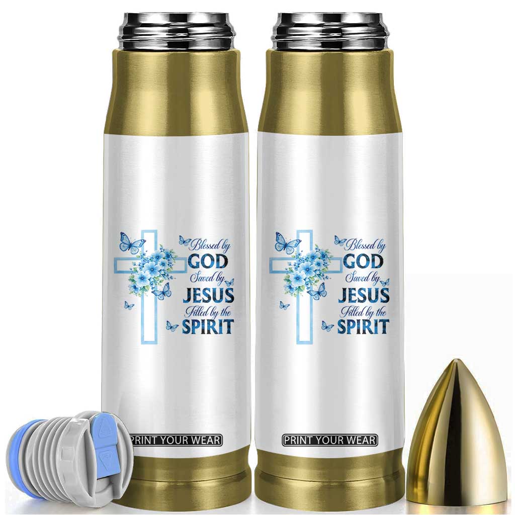 Christian Jesus Bullet Tumbler Blessed By God Saved By Jesus Blue Floral Cross Butterfly Art TS10 White Print Your Wear