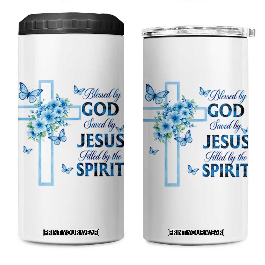 Christian Jesus 4 in 1 Can Cooler Tumbler Blessed By God Saved By Jesus Blue Floral Cross Butterfly Art TS10 One Size: 16 oz White Print Your Wear