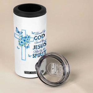 Christian Jesus 4 in 1 Can Cooler Tumbler Blessed By God Saved By Jesus Blue Floral Cross Butterfly Art TS10 Print Your Wear