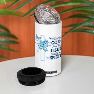 Christian Jesus 4 in 1 Can Cooler Tumbler Blessed By God Saved By Jesus Blue Floral Cross Butterfly Art TS10 Print Your Wear