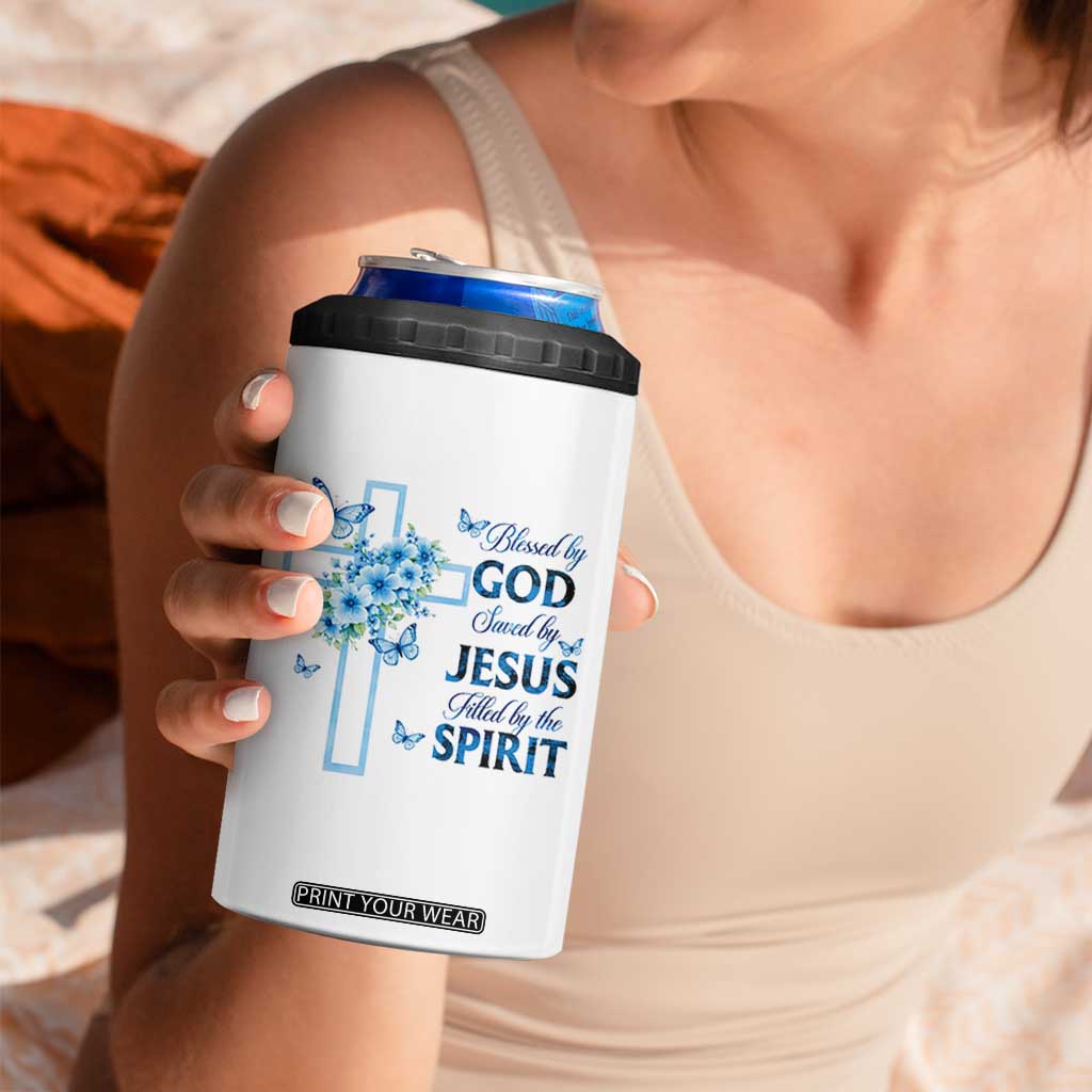 Christian Jesus 4 in 1 Can Cooler Tumbler Blessed By God Saved By Jesus Blue Floral Cross Butterfly Art TS10 Print Your Wear