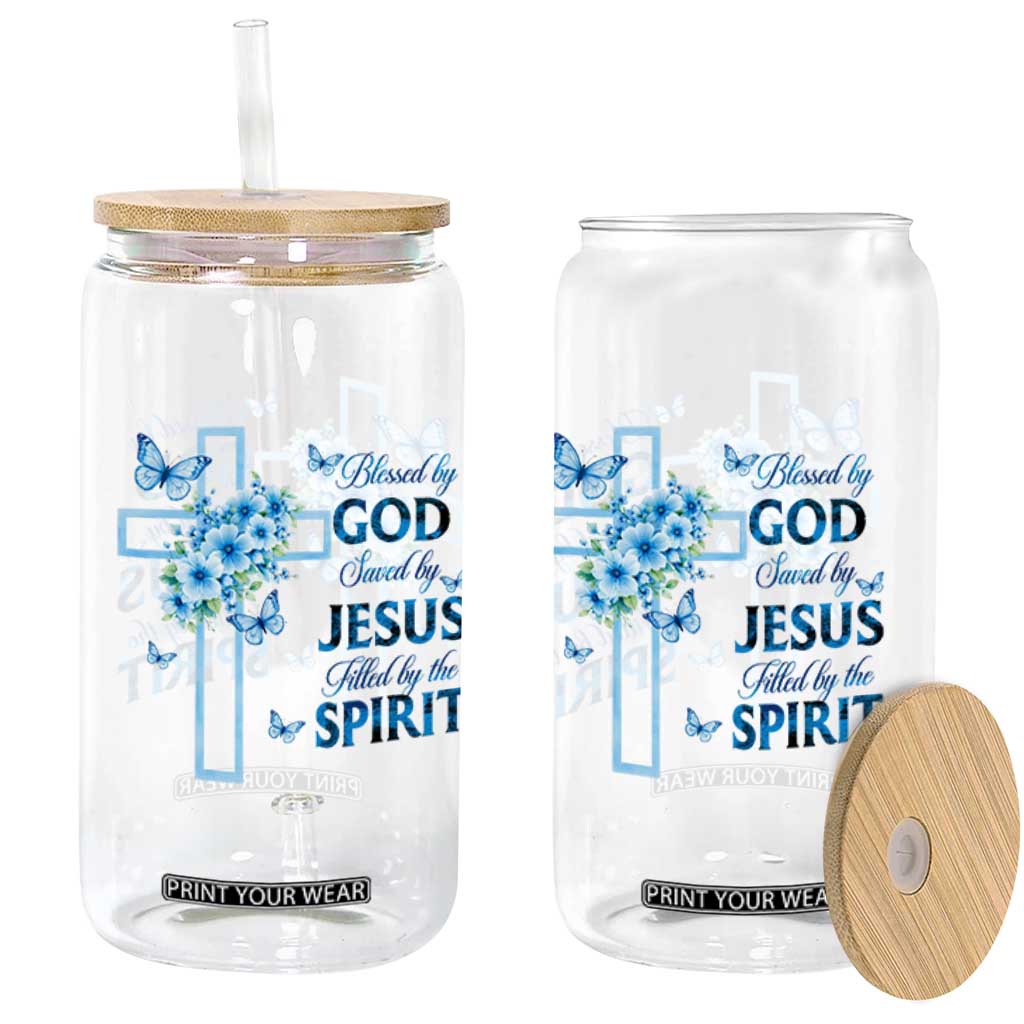 Christian Jesus Glass Can Blessed By God Saved By Jesus Blue Floral Cross Butterfly Art TS10 Print Your Wear