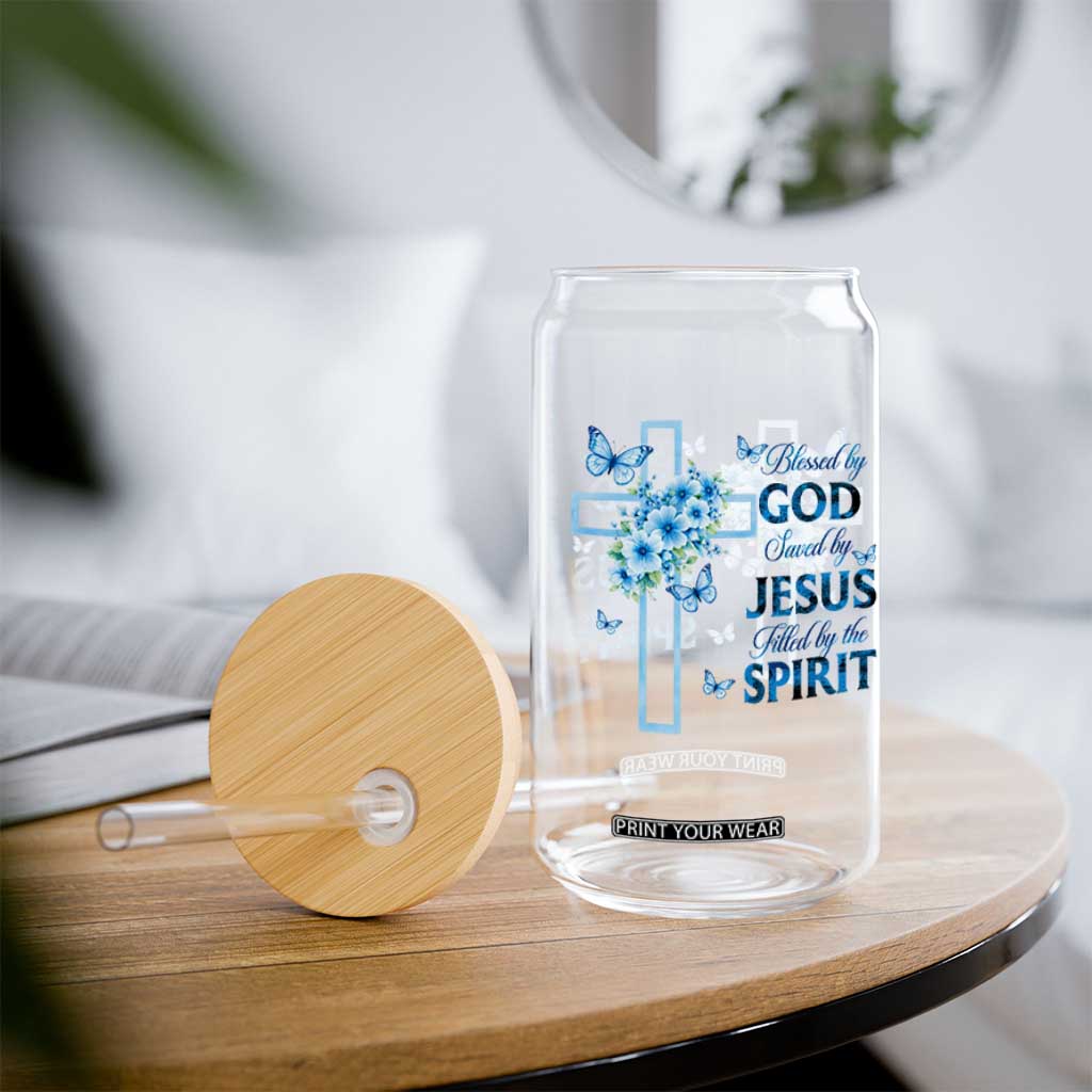 Christian Jesus Glass Can Blessed By God Saved By Jesus Blue Floral Cross Butterfly Art TS10 Print Your Wear