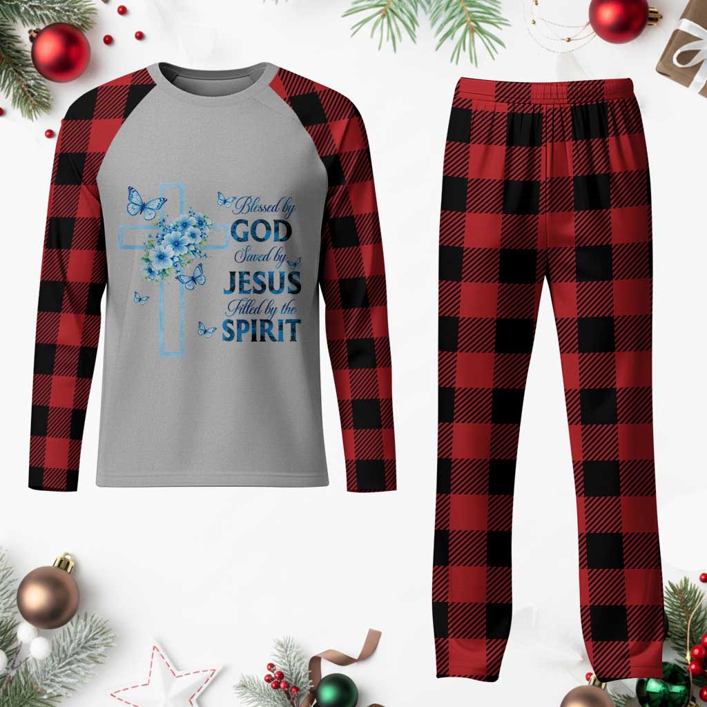 Christian Jesus Plaid Pajama Set Blessed By God Saved By Jesus Blue Floral Cross Butterfly Art TS10 Buffalo Plaid Print Your Wear