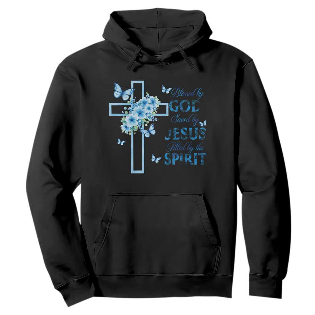 Christian Jesus Hoodie Blessed By God Saved By Jesus Blue Floral Cross Butterfly Art TS10 Black Print Your Wear