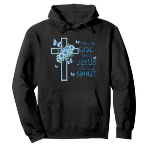 Christian Jesus Hoodie Blessed By God Saved By Jesus Blue Floral Cross Butterfly Art TS10 Black Print Your Wear