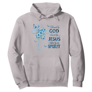 Christian Jesus Hoodie Blessed By God Saved By Jesus Blue Floral Cross Butterfly Art TS10 Ice Gray Print Your Wear