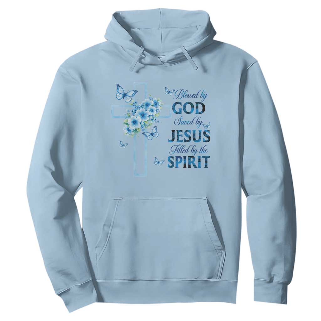 Christian Jesus Hoodie Blessed By God Saved By Jesus Blue Floral Cross Butterfly Art TS10 Light Blue Print Your Wear