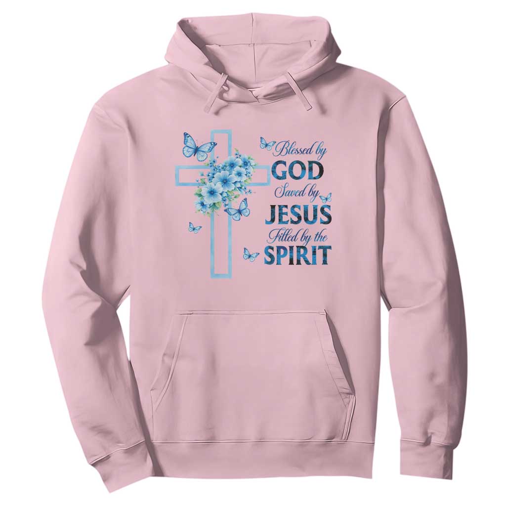 Christian Jesus Hoodie Blessed By God Saved By Jesus Blue Floral Cross Butterfly Art TS10 Light Pink Print Your Wear