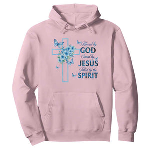 Christian Jesus Hoodie Blessed By God Saved By Jesus Blue Floral Cross Butterfly Art TS10 Light Pink Print Your Wear