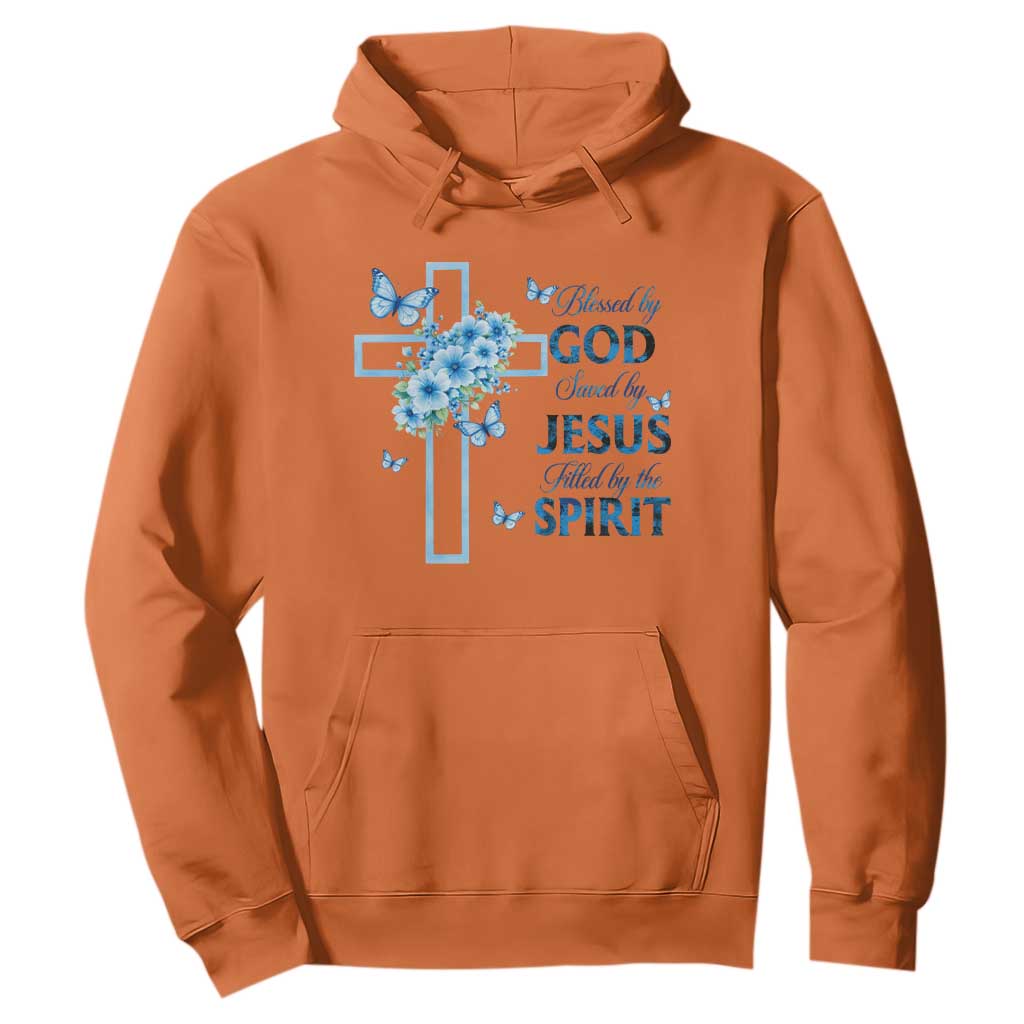Christian Jesus Hoodie Blessed By God Saved By Jesus Blue Floral Cross Butterfly Art TS10 Orange Print Your Wear