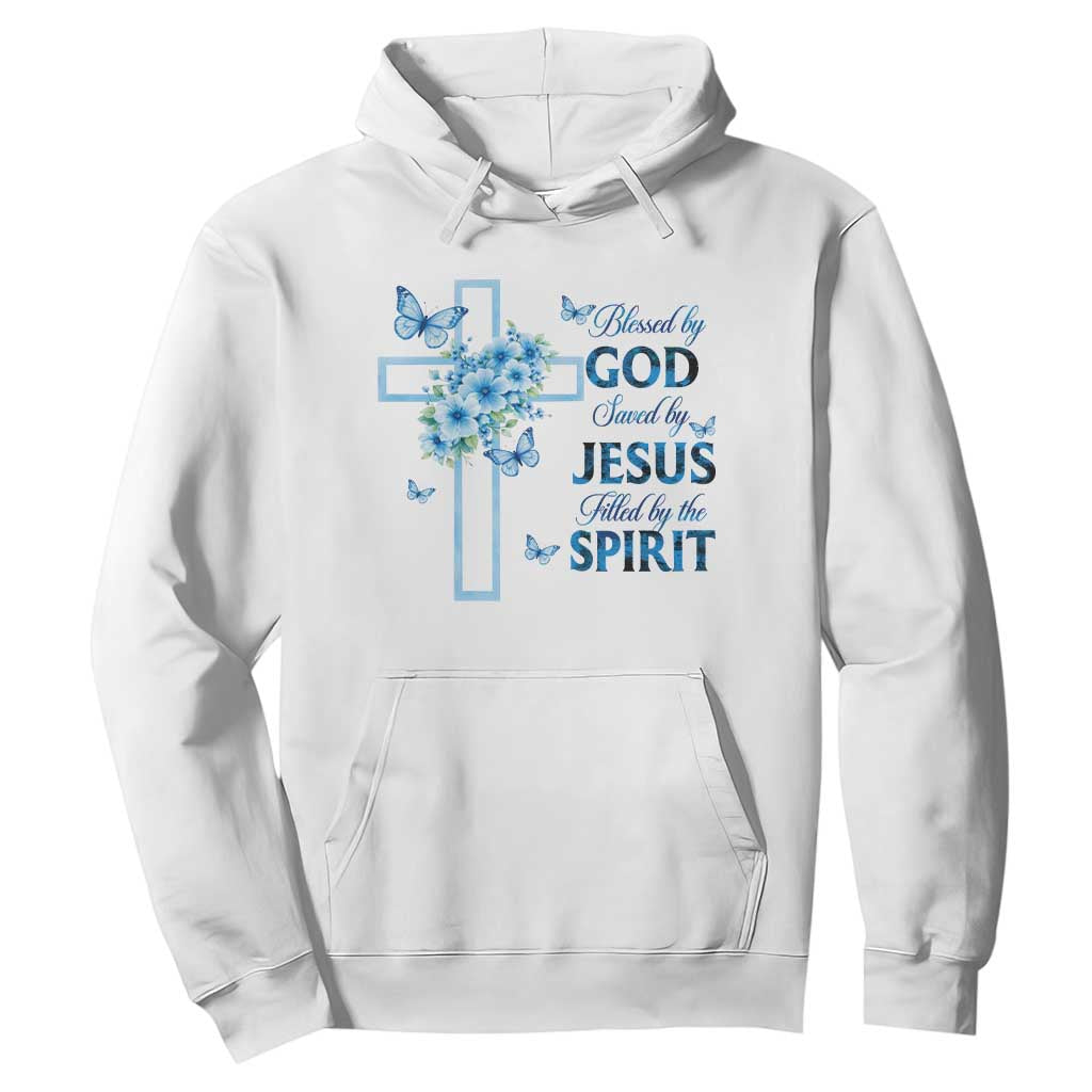 Christian Jesus Hoodie Blessed By God Saved By Jesus Blue Floral Cross Butterfly Art TS10 White Print Your Wear