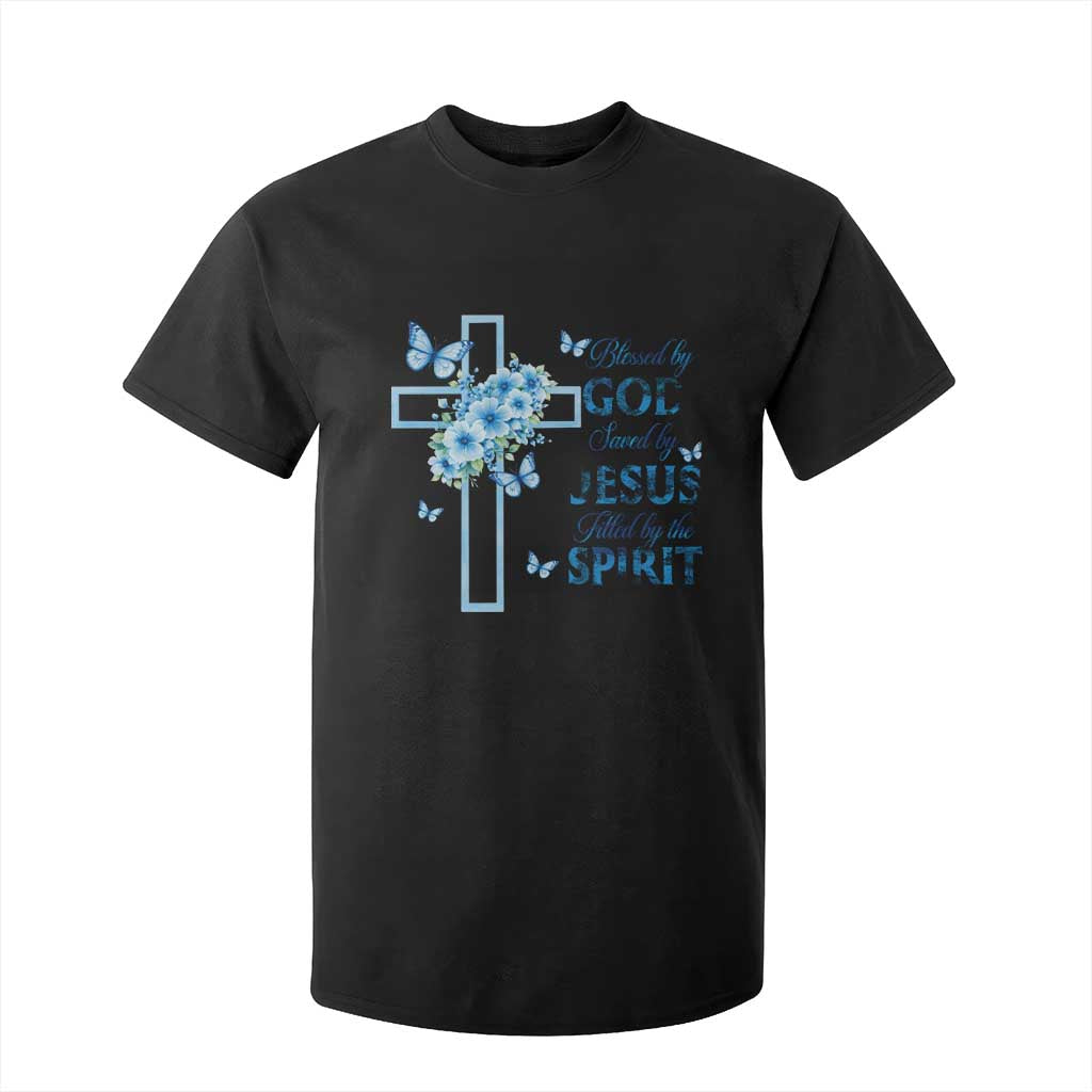 Christian Jesus T Shirt For Kid Blessed By God Saved By Jesus Blue Floral Cross Butterfly Art TS10 Black Print Your Wear