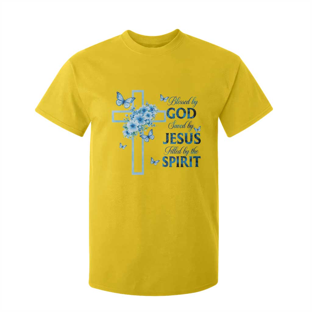 Christian Jesus T Shirt For Kid Blessed By God Saved By Jesus Blue Floral Cross Butterfly Art TS10 Daisy Print Your Wear