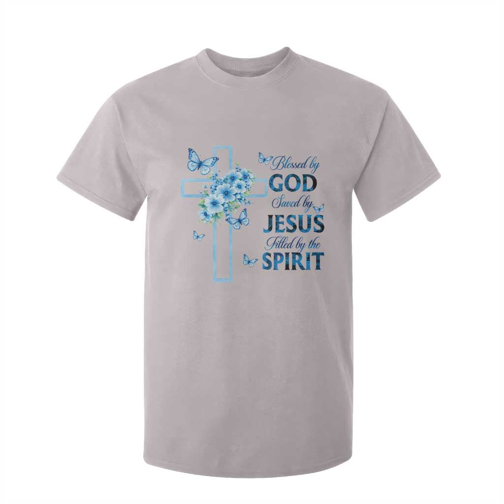 Christian Jesus T Shirt For Kid Blessed By God Saved By Jesus Blue Floral Cross Butterfly Art TS10 Ice Gray Print Your Wear
