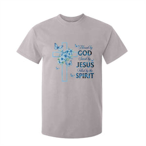 Christian Jesus T Shirt For Kid Blessed By God Saved By Jesus Blue Floral Cross Butterfly Art TS10 Ice Gray Print Your Wear