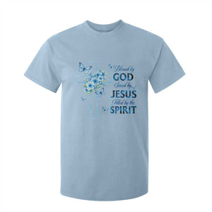 Christian Jesus T Shirt For Kid Blessed By God Saved By Jesus Blue Floral Cross Butterfly Art TS10 Light Blue Print Your Wear