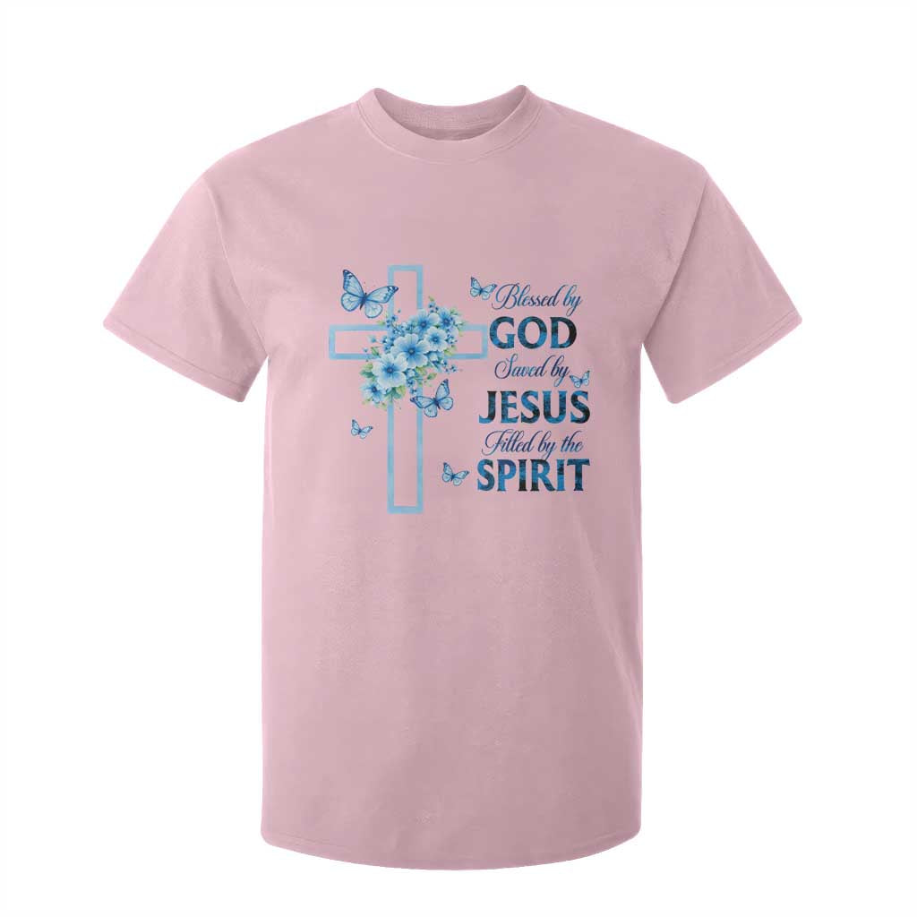 Christian Jesus T Shirt For Kid Blessed By God Saved By Jesus Blue Floral Cross Butterfly Art TS10 Light Pink Print Your Wear
