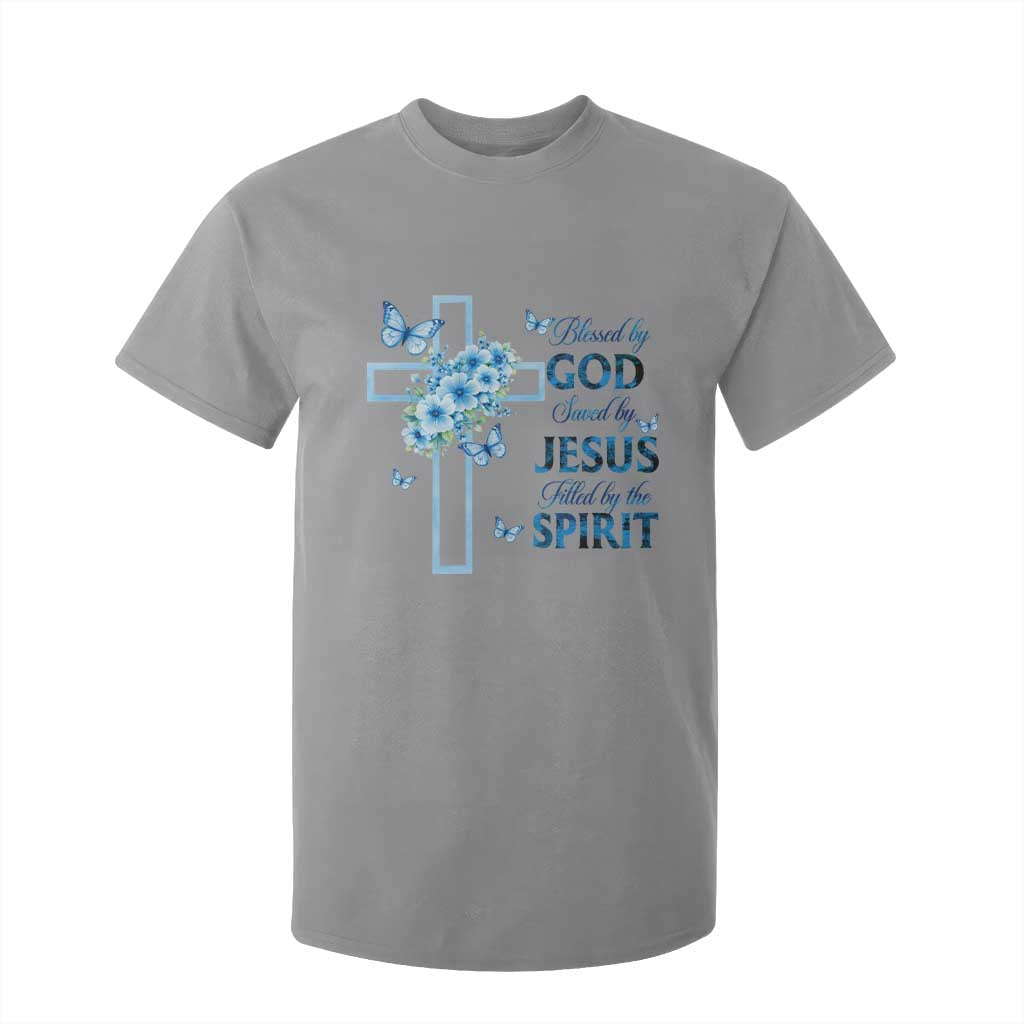 Christian Jesus T Shirt For Kid Blessed By God Saved By Jesus Blue Floral Cross Butterfly Art TS10 Sport Gray Print Your Wear
