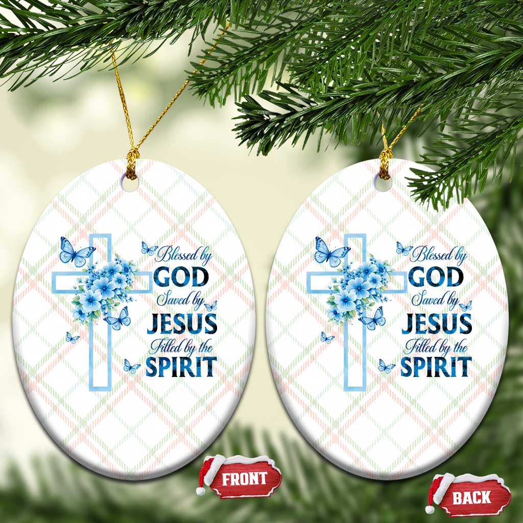 Christian Jesus Ceramic Ornament Blessed By God Saved By Jesus Blue Floral Cross Butterfly Art TS10 Print Your Wear