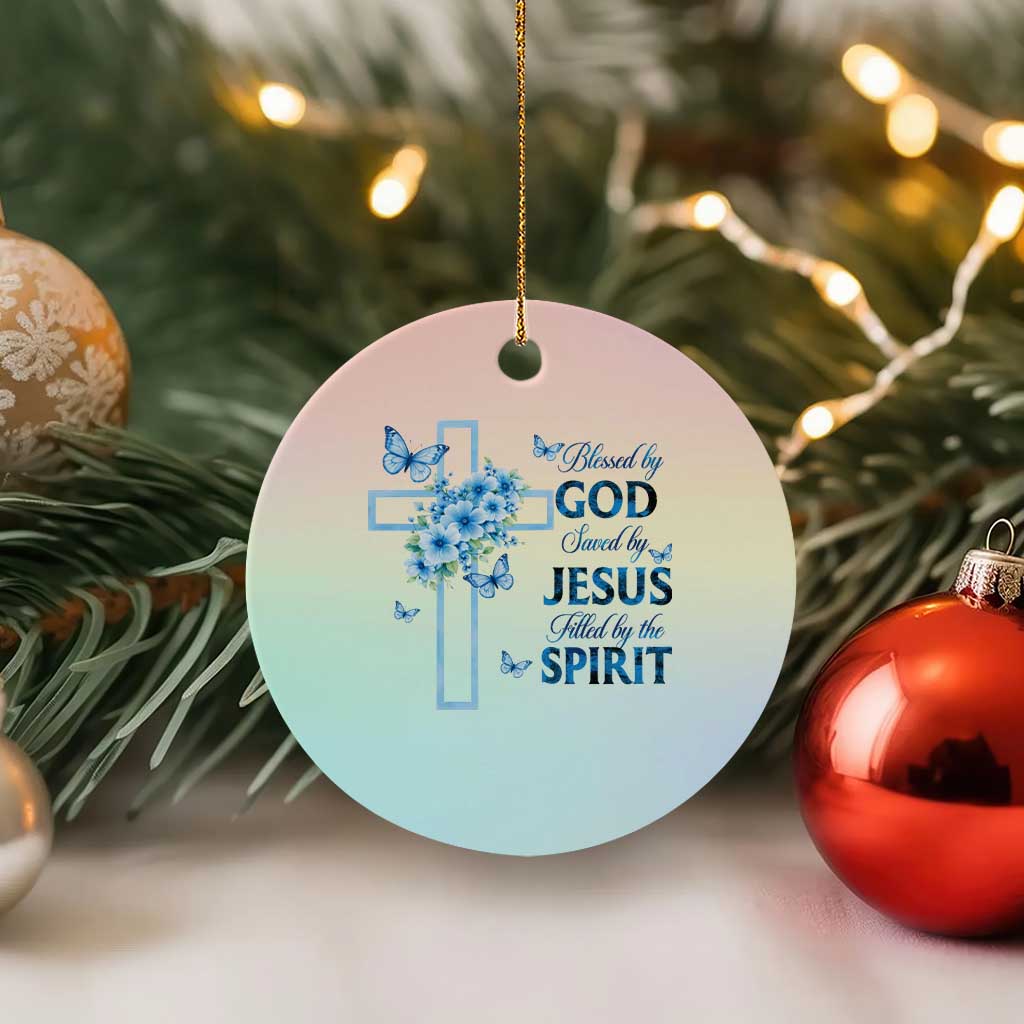 Christian Jesus Ceramic Ornament Blessed By God Saved By Jesus Blue Floral Cross Butterfly Art TS10 1pc Pastel Print Your Wear