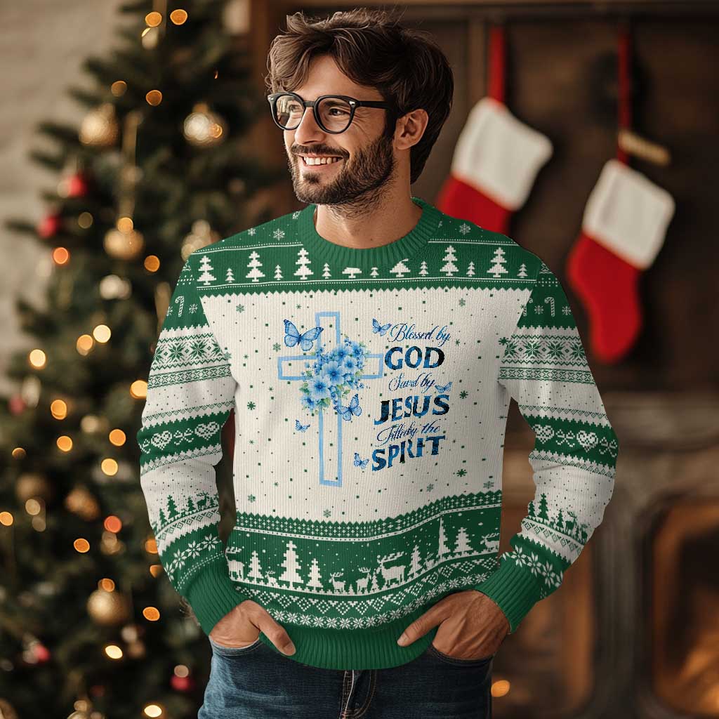 Christian Jesus Ugly Christmas Sweater Blessed By God Saved By Jesus Blue Floral Cross Butterfly Art TS10 Beige Green Print Your Wear