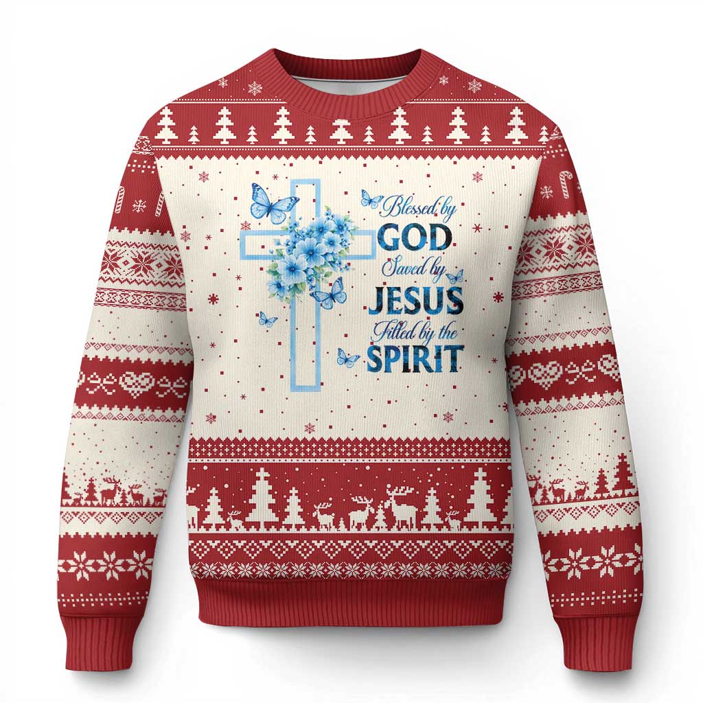 Christian Jesus Ugly Christmas Sweater Blessed By God Saved By Jesus Blue Floral Cross Butterfly Art TS10 Beige Red Print Your Wear