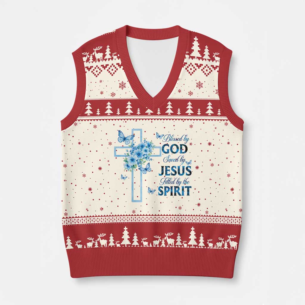 Christian Jesus V-Neck Knit Sweater Vest Blessed By God Saved By Jesus Blue Floral Cross Butterfly Art TS10 Beige Red Print Your Wear