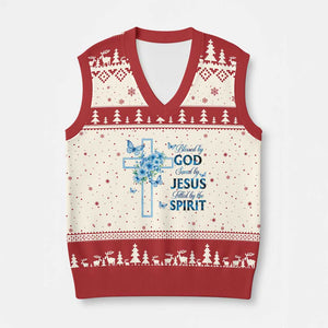 Christian Jesus V-Neck Knit Sweater Vest Blessed By God Saved By Jesus Blue Floral Cross Butterfly Art TS10 Beige Red Print Your Wear