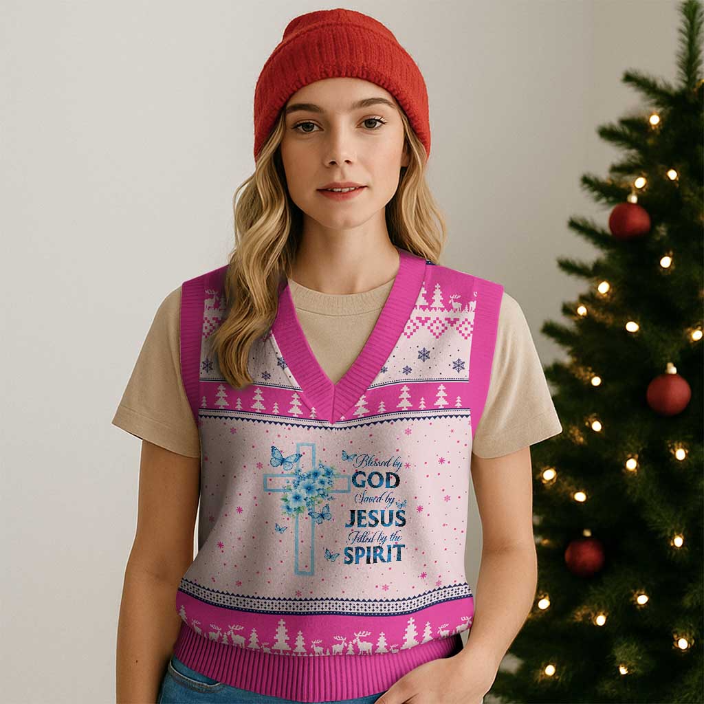 Christian Jesus V-Neck Knit Sweater Vest Blessed By God Saved By Jesus Blue Floral Cross Butterfly Art TS10 Hot Pink Print Your Wear