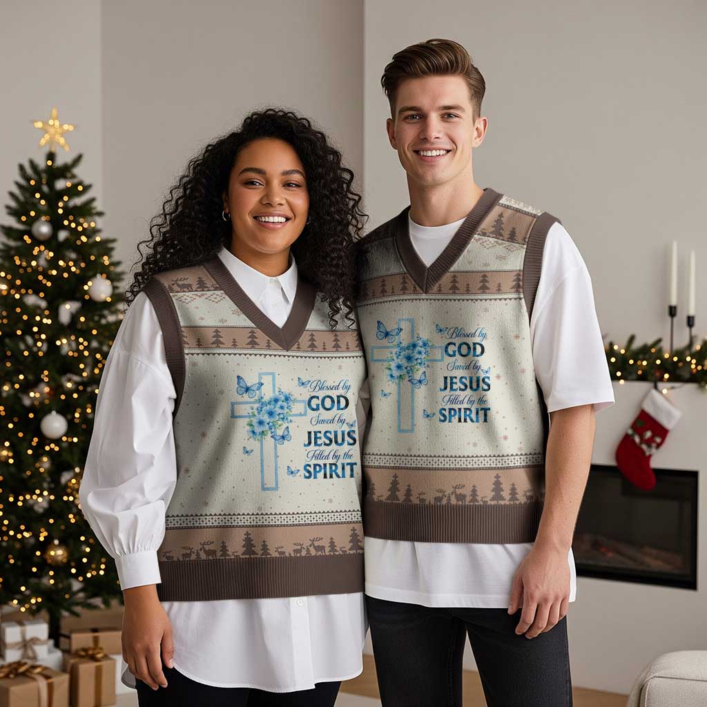 Christian Jesus V-Neck Knit Sweater Vest Blessed By God Saved By Jesus Blue Floral Cross Butterfly Art TS10 Mocha Mousse Print Your Wear