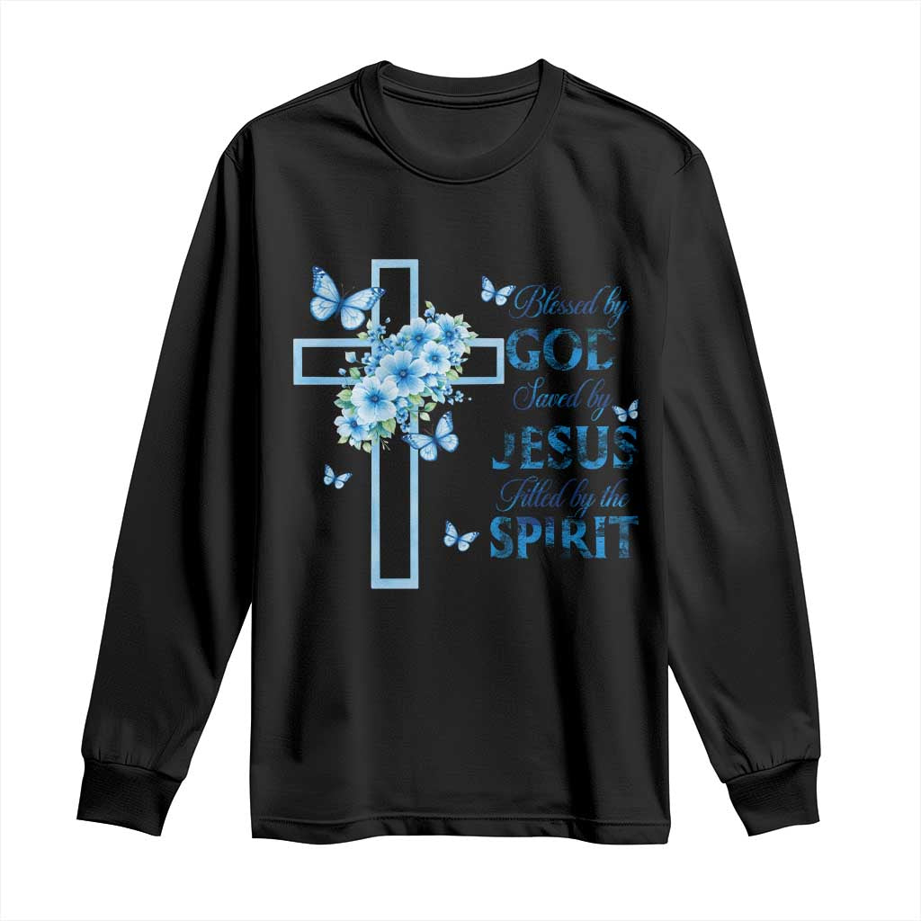 Christian Jesus Long Sleeve Shirt Blessed By God Saved By Jesus Blue Floral Cross Butterfly Art TS10 Black Print Your Wear