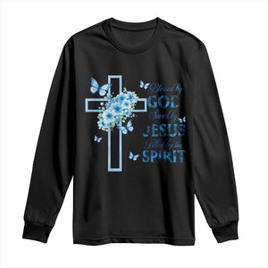 Christian Jesus Long Sleeve Shirt Blessed By God Saved By Jesus Blue Floral Cross Butterfly Art TS10 Black Print Your Wear