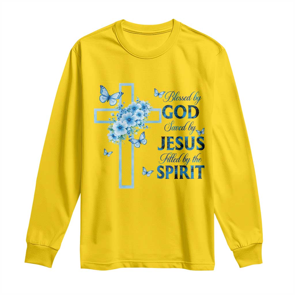 Christian Jesus Long Sleeve Shirt Blessed By God Saved By Jesus Blue Floral Cross Butterfly Art TS10 Daisy Print Your Wear