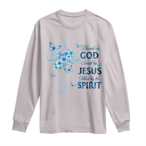 Christian Jesus Long Sleeve Shirt Blessed By God Saved By Jesus Blue Floral Cross Butterfly Art TS10 Ice Gray Print Your Wear