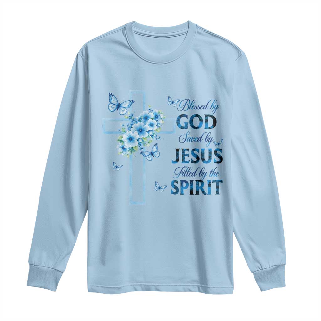 Christian Jesus Long Sleeve Shirt Blessed By God Saved By Jesus Blue Floral Cross Butterfly Art TS10 Light Blue Print Your Wear