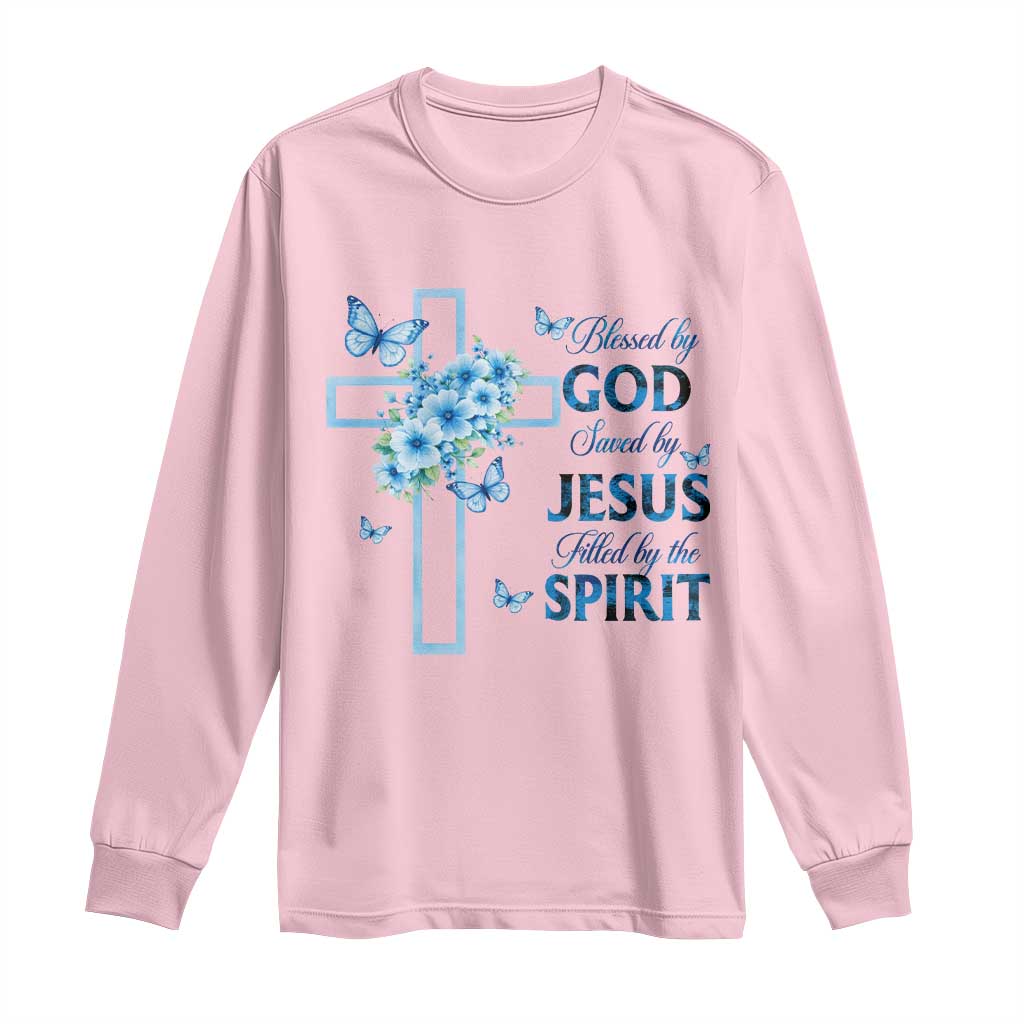 Christian Jesus Long Sleeve Shirt Blessed By God Saved By Jesus Blue Floral Cross Butterfly Art TS10 Light Pink Print Your Wear