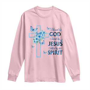 Christian Jesus Long Sleeve Shirt Blessed By God Saved By Jesus Blue Floral Cross Butterfly Art TS10 Light Pink Print Your Wear