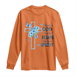 Christian Jesus Long Sleeve Shirt Blessed By God Saved By Jesus Blue Floral Cross Butterfly Art TS10 Orange Print Your Wear