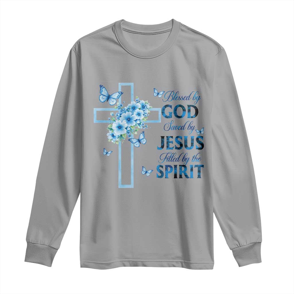 Christian Jesus Long Sleeve Shirt Blessed By God Saved By Jesus Blue Floral Cross Butterfly Art TS10 Sport Gray Print Your Wear