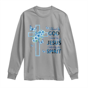 Christian Jesus Long Sleeve Shirt Blessed By God Saved By Jesus Blue Floral Cross Butterfly Art TS10 Sport Gray Print Your Wear