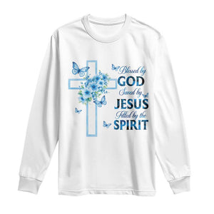 Christian Jesus Long Sleeve Shirt Blessed By God Saved By Jesus Blue Floral Cross Butterfly Art TS10 White Print Your Wear