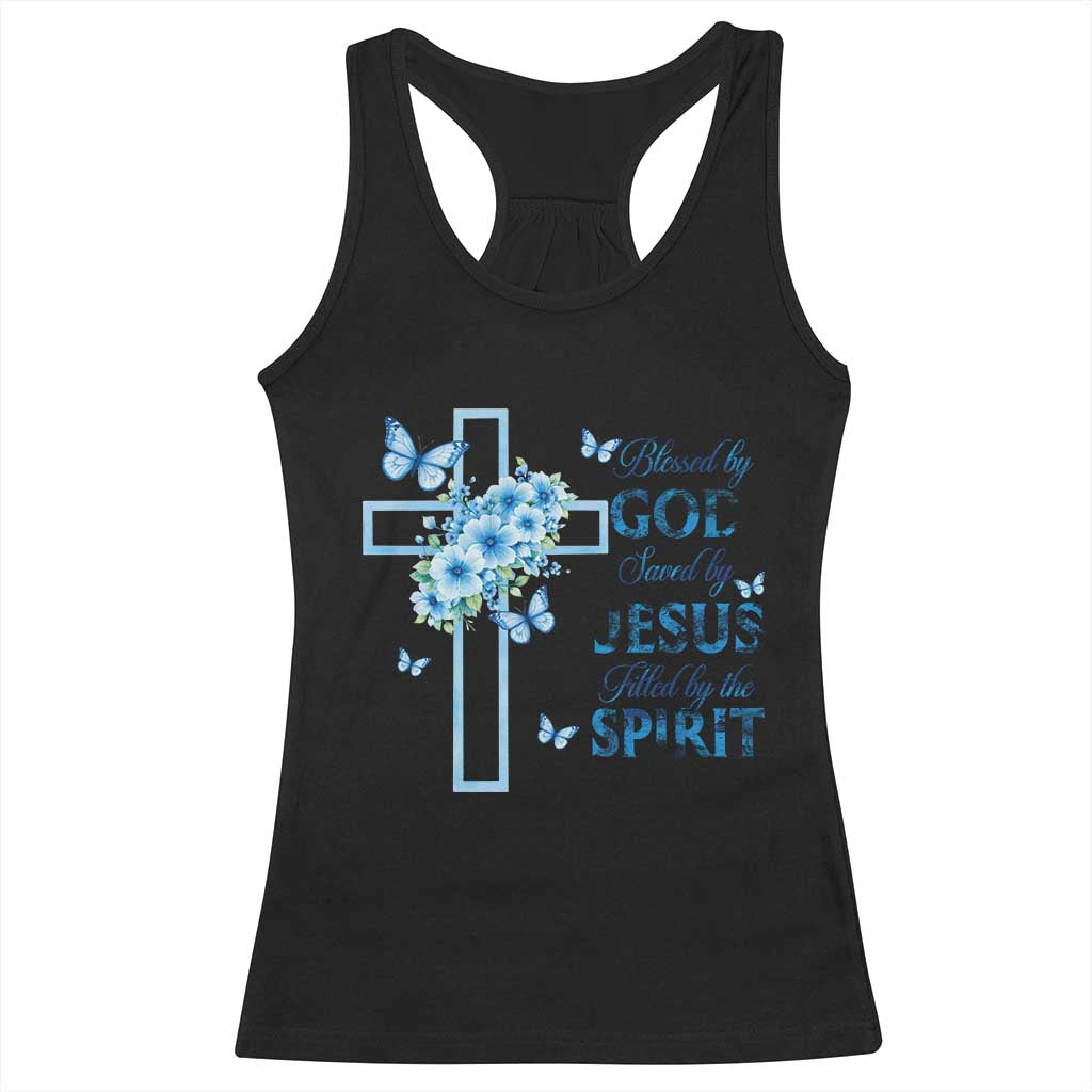 Christian Jesus Racerback Tank Top Blessed By God Saved By Jesus Blue Floral Cross Butterfly Art TS10 Black Print Your Wear