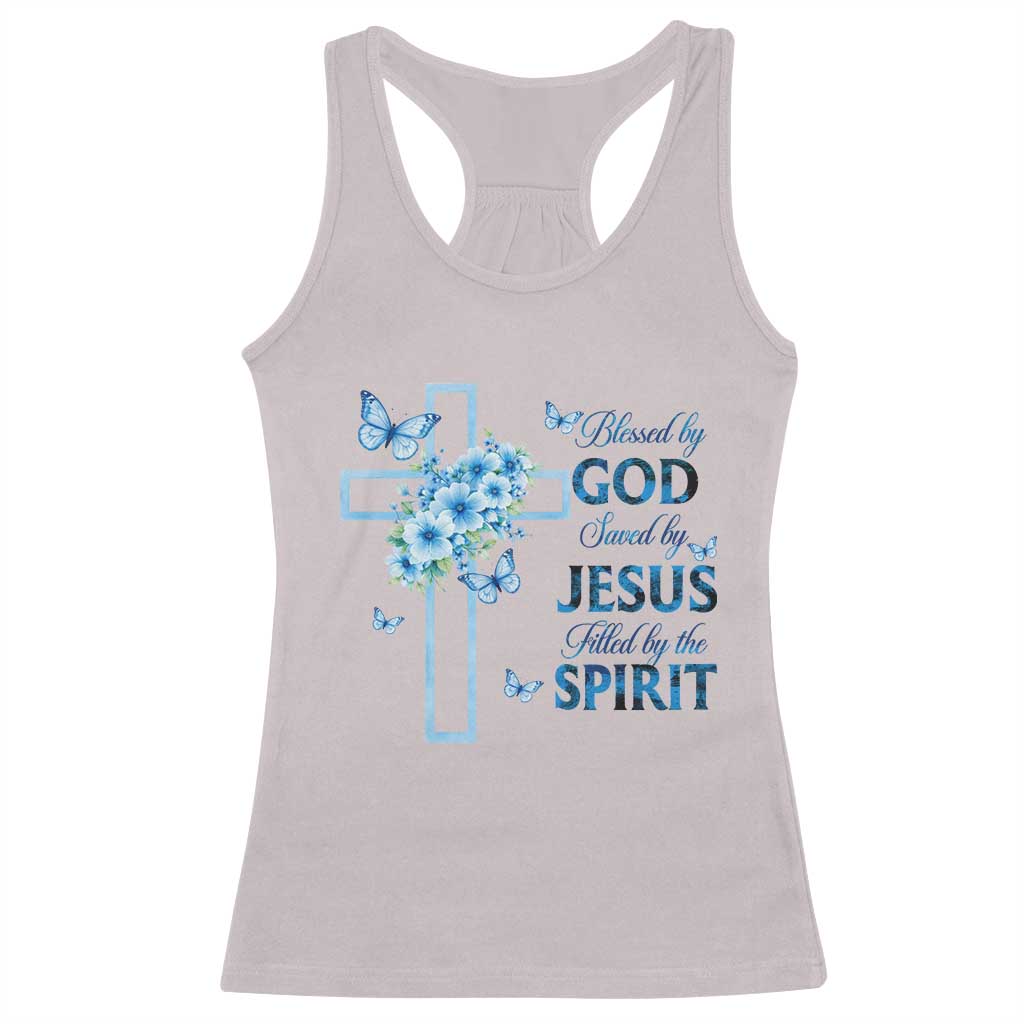 Christian Jesus Racerback Tank Top Blessed By God Saved By Jesus Blue Floral Cross Butterfly Art TS10 Ice Gray Print Your Wear