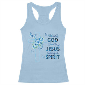 Christian Jesus Racerback Tank Top Blessed By God Saved By Jesus Blue Floral Cross Butterfly Art TS10 Light Blue Print Your Wear