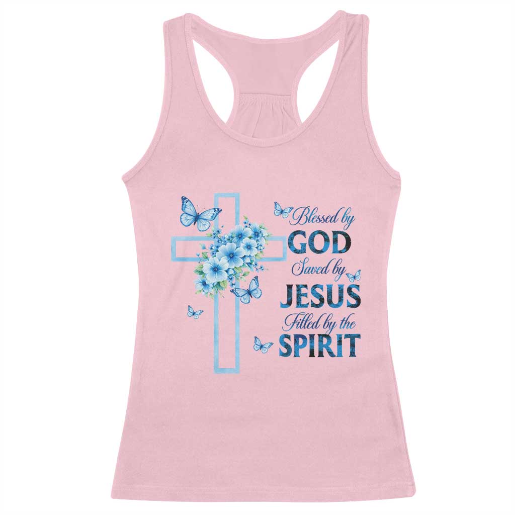 Christian Jesus Racerback Tank Top Blessed By God Saved By Jesus Blue Floral Cross Butterfly Art TS10 Light Pink Print Your Wear