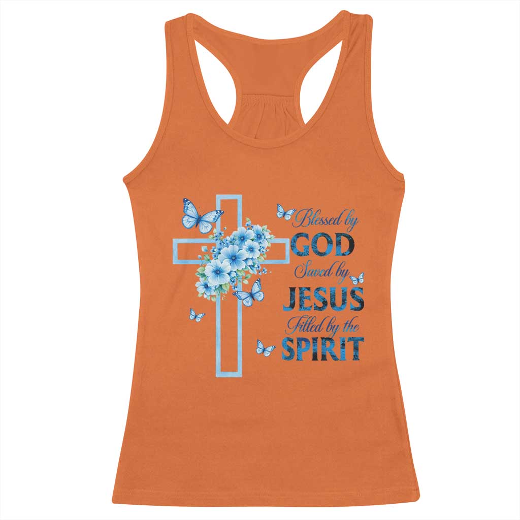 Christian Jesus Racerback Tank Top Blessed By God Saved By Jesus Blue Floral Cross Butterfly Art TS10 Orange Print Your Wear