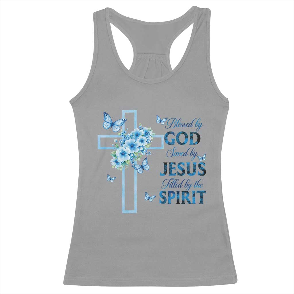 Christian Jesus Racerback Tank Top Blessed By God Saved By Jesus Blue Floral Cross Butterfly Art TS10 Sport Gray Print Your Wear