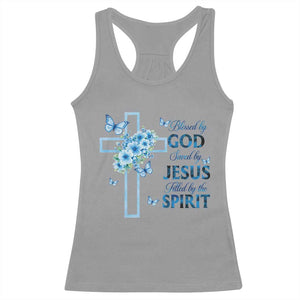 Christian Jesus Racerback Tank Top Blessed By God Saved By Jesus Blue Floral Cross Butterfly Art TS10 Sport Gray Print Your Wear