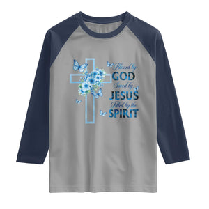 Christian Jesus Raglan Shirt Blessed By God Saved By Jesus Blue Floral Cross Butterfly Art TS10 Sport Gray Navy Print Your Wear